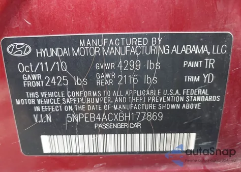 2011 Hyundai Sonata Gls z USA, uszkodzony, nr VIN 5NPEB4ACXBH177869